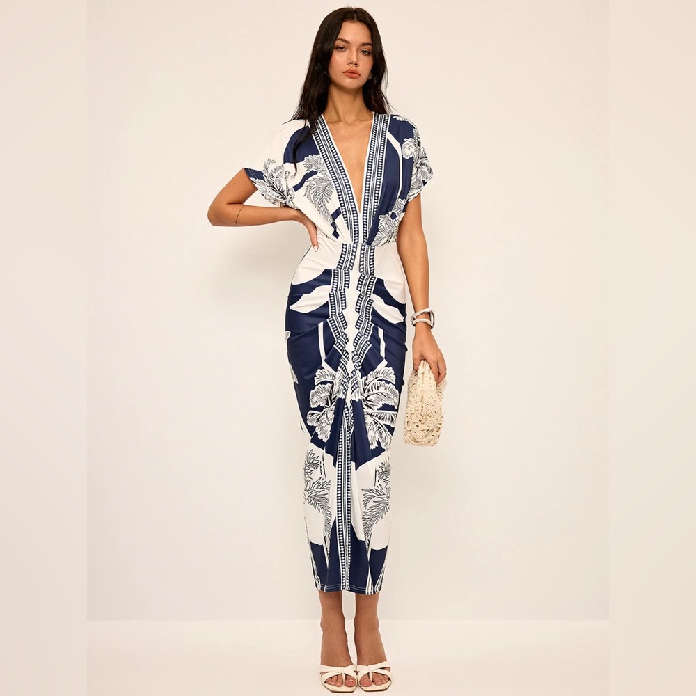 Printed Deep V-Neck Midi Dress Without Belt Commense M LL2-4